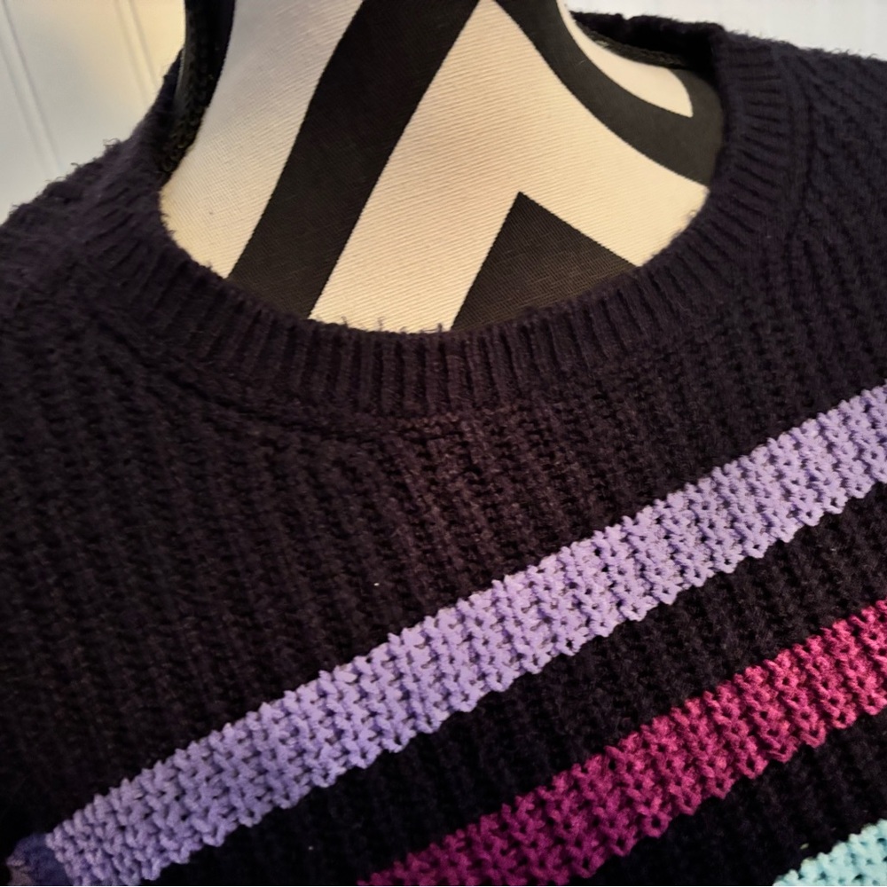 St. John's Bay Black Crewneck Sweater with Purple, Teal & White Stripes - Picture 2 of 4